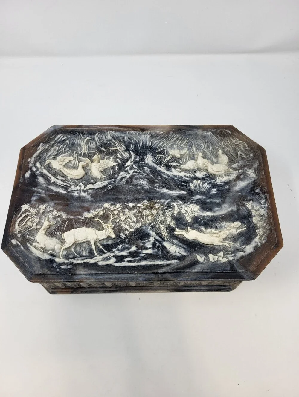 Incolay Stone Jewelry Keepsake Box Woodland Wildlife Vintage Deer Duck Rabbits